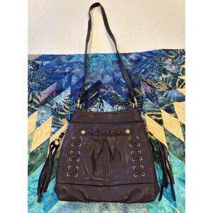 B. Makowsky Women's Purse Purple Leather Shoulder Crossbody Bag Cheetah EUC